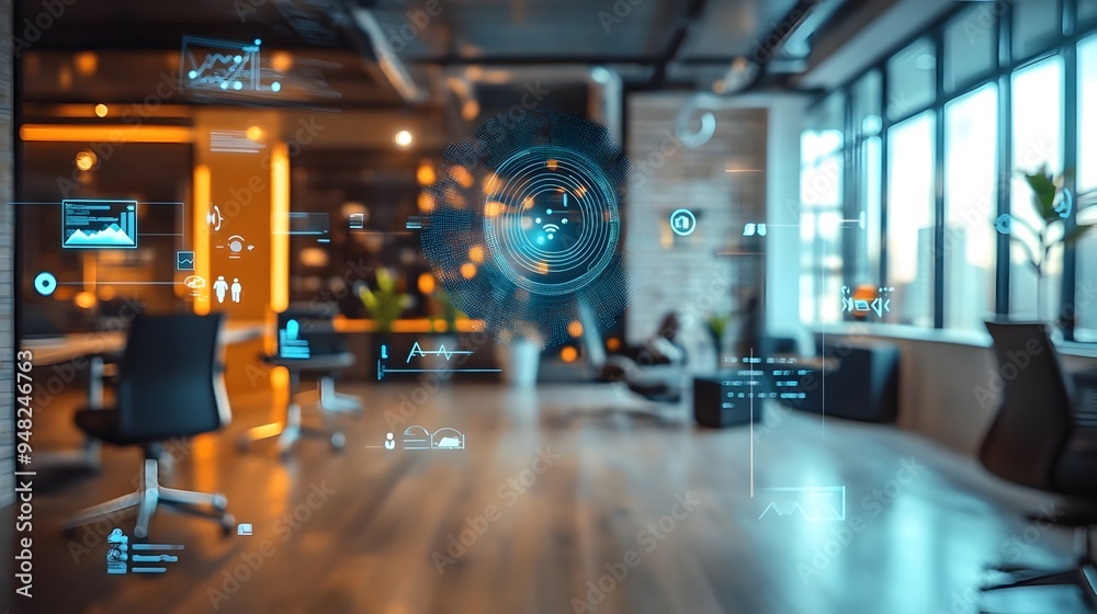Poster photograph of a modern contemporary smart office space with iot sensors monitoring energy usage data