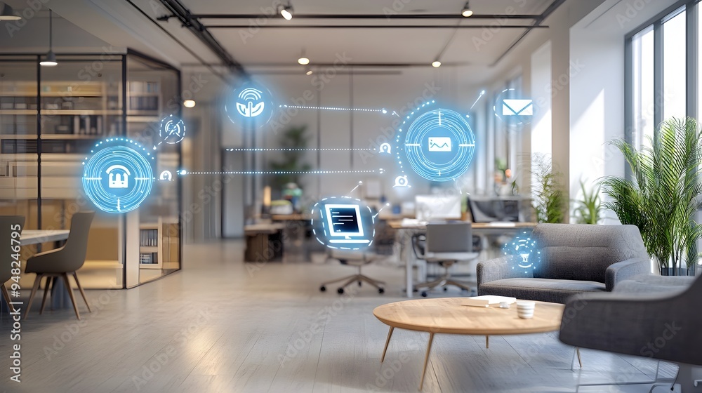 Poster photograph showcasing a modern technology driven office space equipped with iot sensors that monitor