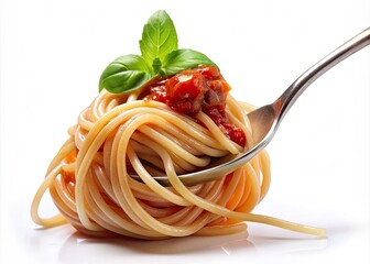 Deliciously twirled forkful of steaming classic spaghetti bathed in rich tomato sauce, glistening with olive oil, on a clean and crisp isolated white background.