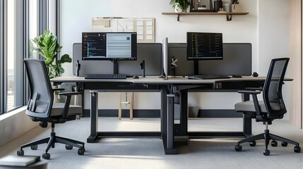 Photograph showcasing IoT enabled smart workstations with adjustable settings and features for enhanced ergonomic comfort and improved workplace productivity