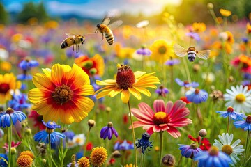 Serene meadow landscape showcasing honeybees among vibrant wildflowers, highlighting crucial pollination synergy and emphasizing the importance of bee-friendly habitats for thriving ecosystems.