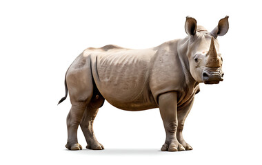 Obraz premium A powerful White Rhinoceros stands alert against a white background, its two horns and thick skin clearly visible. Perfect for wildlife documentaries, educational resources, or projects focused on con