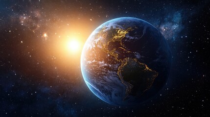 Obraz premium Artistic depiction of Earth illuminated by sunlight, with the planet's surface details visible and surrounded by the infinite space and distant stars.
