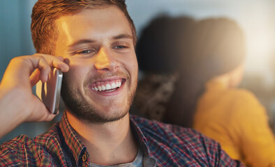 Night, phone call or happy man in startup laughing at conversation in business, late shift or...