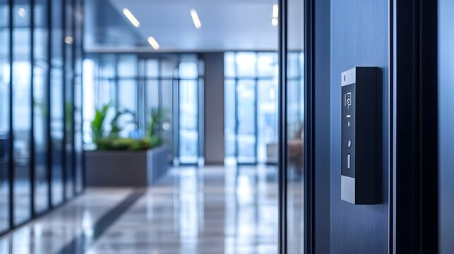 Photograph of a modern IoT enabled office entry system featuring touchless access control technology for a seamless secure and hands free entry experience in a sleek minimalist workspace