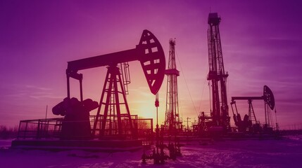 The golden light of sunrise or sunset illuminates a pumpjack amidst drilling rigs, symbolizing the work of the energy sector.