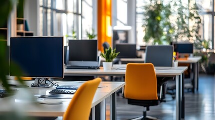 Photograph showcasing IoT connected smart desks revolutionizing the contemporary office environment with emphasis on technology connectivity