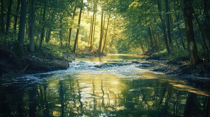 Obraz premium Impressionistic artwork of a river flowing through a dense forest, with dappled sunlight filtering through the trees and casting reflections on the water.