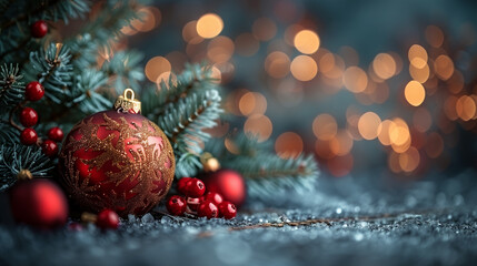 Fototapeta premium red christmas balls. Happy New Year. Merry Christmas. Christmas background with fir branches. Happy Holidays Greeting card. 