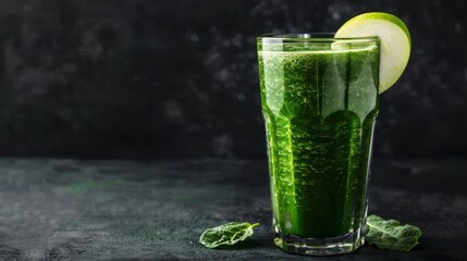 Glass of Green Smoothie with Apple Slice and Spinach Leaves