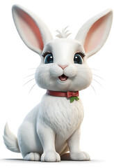 Fototapeta premium An adorable white cartoon bunny with big, expressive eyes and a red bow around its neck. Perfect for children's books, animations, Easter designs, or any project needing a touch of cuteness.