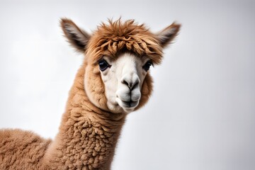 Obraz premium A curious alpaca with a thick wool coat standing on a white background, AI Generated