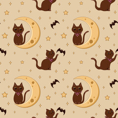 Cozy autumn Halloween seamless pattern with cute cats