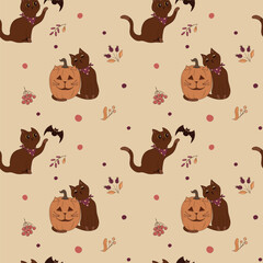 Cozy autumn Halloween seamless pattern with cute cats