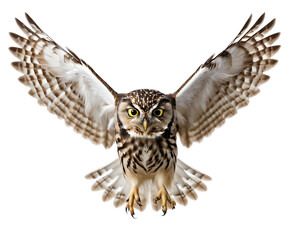 Obraz premium A majestic snowy owl in flight with wings outstretched against a white background. Perfect for nature publications, winter-themed designs, or symbolizing wisdom and grace.