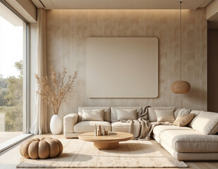 minimalist living room with a large window overlooking a natural landscape