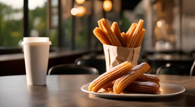 fresh sugar coated churros in a paper bag and a coffee on cafe table