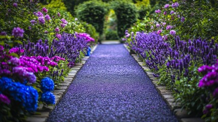 A deep purple garden path flanked by purple flowers on both sides, matching the rich walkway color