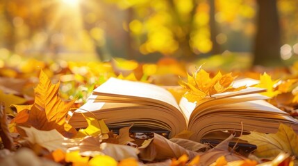 An open book lying among vibrant autumn leaves outdoors, creating a serene and cozy reading environment in nature.