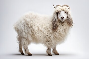 Fototapeta premium A fluffy angora goat with long curly fur standing on a white background, AI Generated