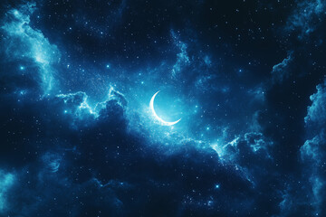 Fototapeta premium An abstract background with a blend of dark blue and black hues, highlighted with bright, glowing stars and crescent moons to evoke a magical night sky.