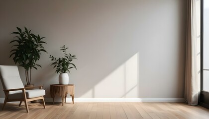 Fototapeta premium A minimalist room with a wooden floor, a white wall, and a vase with a plant on a wooden side table.