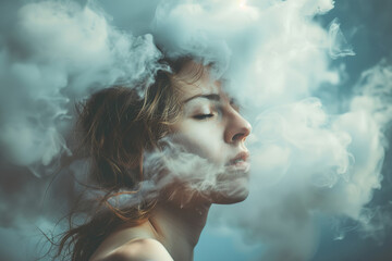 Fototapeta premium A woman's face is obscured by a cloud of smoke.
