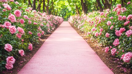 Obraz premium A soft pink walkway in a garden bordered by pink flowers, perfectly blending with the path