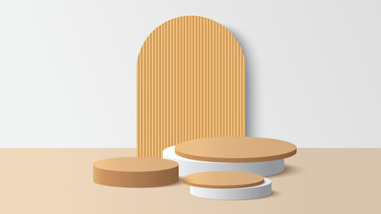 Beige podium platform to show product on white background. White minimal scene for product display presentation. Vector illustration