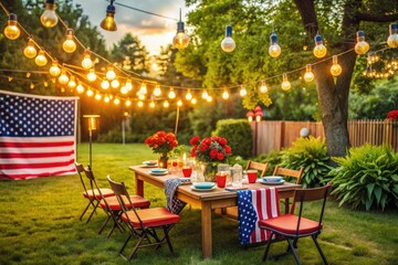 Obraz premium Vibrant backyard 4th of July party unfolds amidst whimsical DIY decor, twinkling lights, and colorful accents, exuding warmth and togetherness on a sun-kissed summer day.