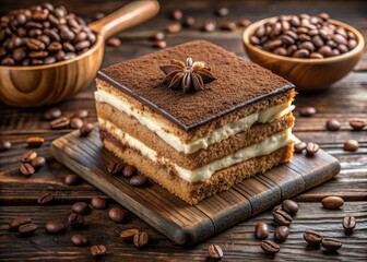 Fototapeta premium Rich, creamy, layered Tiramisu cake sits on a rustic wooden table, surrounded by scattered cocoa powder and espresso beans, evoking old-world Italian dessert traditions.
