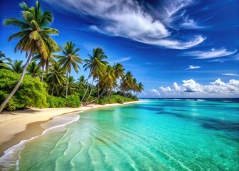Vibrant turquoise ocean waves gently lap against the sandy shoreline, surrounded by clear blue sky and lush green palm trees, with ample copy space.