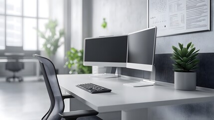 Modern office cubicle, sleek grey partitions, ergonomic desk chair, dual monitor setup, minimalist desk organizer, soft ambient lighting, potted succulent, motivational poster on wall.
