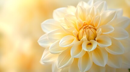 Pale yellow dahlia flower, extreme close-up, soft petals, delicate texture, dreamy atmosphere, pastel tones, floral macro photography, subtle light and shadow, ethereal beauty.