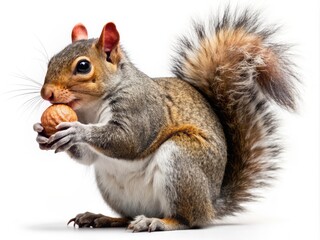 Adorable grey squirrel holds and nibbles on a brown nut, isolated on a crisp white transparent background, perfect for adding to designs or scenes.