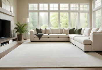 Fototapeta premium A large, comfortable sectional sofa in a bright, airy living room with large windows overlooking a lush, green outdoor scene.