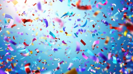 Bright and colorful confetti pieces falling against a clear blue sky, creating a festive and celebratory scene.