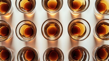 Shot glasses filled with a deep amber liquid are beautifully arranged on a table, inviting enjoyment at a social event