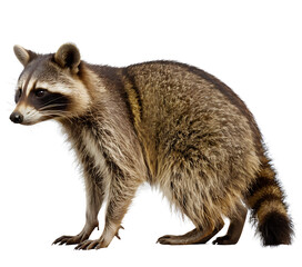Naklejka premium A curious raccoon stands alert, its distinctive black mask and ringed tail on full display. Isolated on white, perfect for wildlife articles, educational materials, or pest control resources.