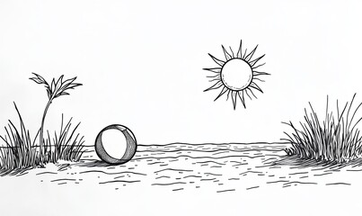 A simple line drawing of a beach scene with a palm tree, grass, a ring, and the sun.