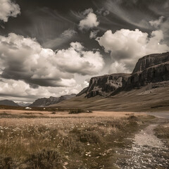 deserted land landscape vintage poster, sepia filter
