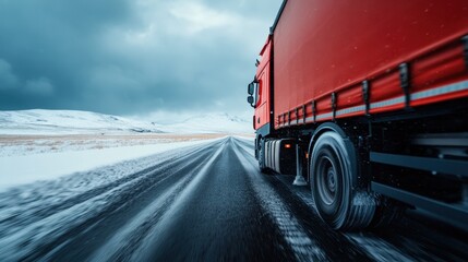 A red truck speeds along an icy road, surrounded by snowy fields and mountains under dark clouds, capturing the urgency and determination of winter transportation.
