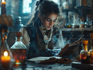 A Young Woman Studying an Ancient Book in a Mystical Setting