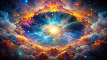 Fototapeta premium Vibrant, swirling clouds of iridescent gas and dust erupt in a kaleidoscope of colors, capturing the cosmic fury and breathtaking beauty of a supernova explosion.