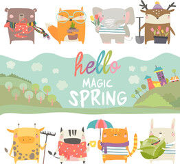 Fototapeta premium Set of cute animals with spring theme on white background