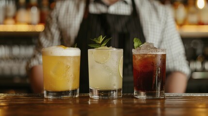 Bartender proudly showing a variety of drinks, emphasizing the skill and artistry in each creation.