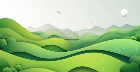 Obraz premium Paper Art Landscape with Lush Green Hills and White Clouds