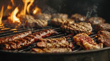 Barbecue fire pit featuring an assortment of meats sizzling over open flames, evoking the rich taste of wood-smoked flavors and the inviting atmosphere of alfresco dining.