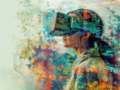 Woman in VR Headset with Abstract Background
