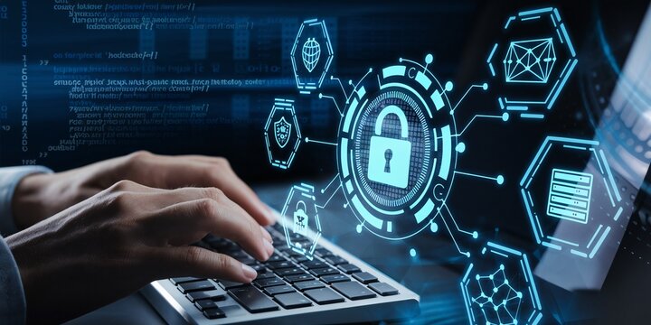 Cybersecurity Command Center: A cybersecurity professional actively monitors and safeguards sensitive data, depicted through a holographic interface of digital locks and code, emphasizing the vigilanc